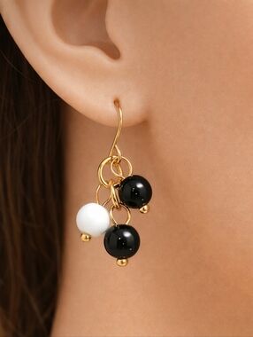 2/$30 Gold tone Black & White Beaded Cluster Drop Earrings - 1" - Women Jewelry